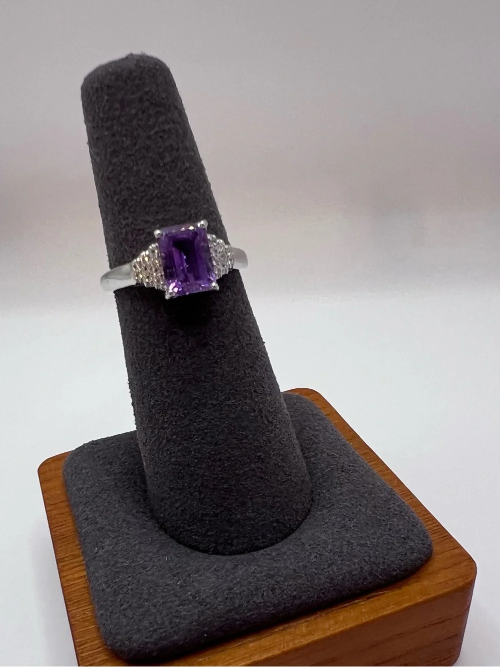 Genuine Amethyst Emerald-Cut Cocktail Ring set in .925 Sterling Silver - Size 7